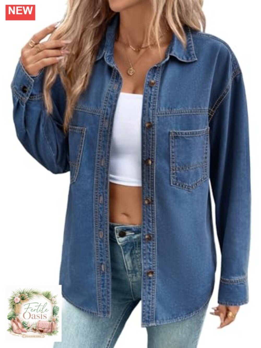 Oversized Denim Button Down Shirt Long Sleeve Women Casual Top
